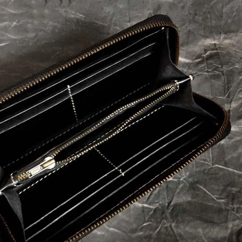 Badass Handmade Black Leather Men's Biker Long Wallet Mah??k??la Tooled Zipper Long Chain Wallets For Men