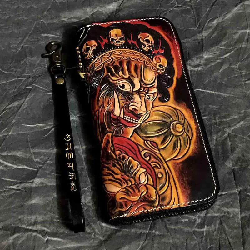 Badass Handmade Black Leather Men's Biker Long Wallet Mah??k??la Tooled Zipper Long Chain Wallets For Men
