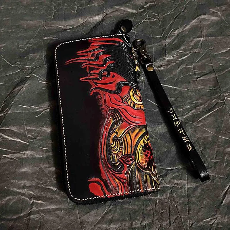 Badass Handmade Black Leather Men's Biker Long Wallet Mah??k??la Tooled Zipper Long Chain Wallets For Men