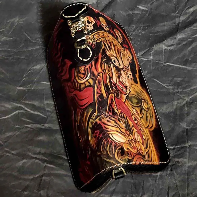 Badass Handmade Black Leather Men's Biker Long Wallet Mah??k??la Tooled Zipper Long Chain Wallets For Men