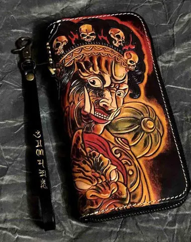 Badass Handmade Black Leather Men's Biker Long Wallet Mah??k??la Tooled Zipper Long Chain Wallets For Men