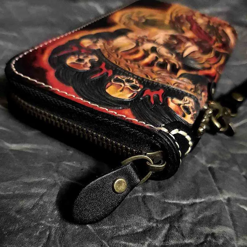 Badass Handmade Black Leather Men's Biker Long Wallet Mah??k??la Tooled Zipper Long Chain Wallets For Men