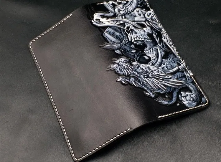 Black Handmade Tooled Indian Chief Skull Leather Mens Long Wallet Bifold Long Wallet For Men