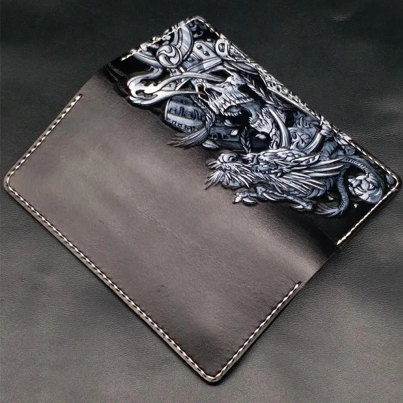 Black Handmade Tooled Indian Chief Skull Leather Mens Long Wallet Bifold Long Wallet For Men