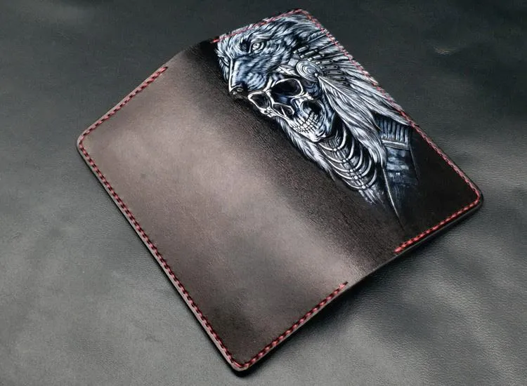 Black Handmade Tooled Indian Chief Skull Leather Mens Long Wallet Bifold Long Wallet For Men