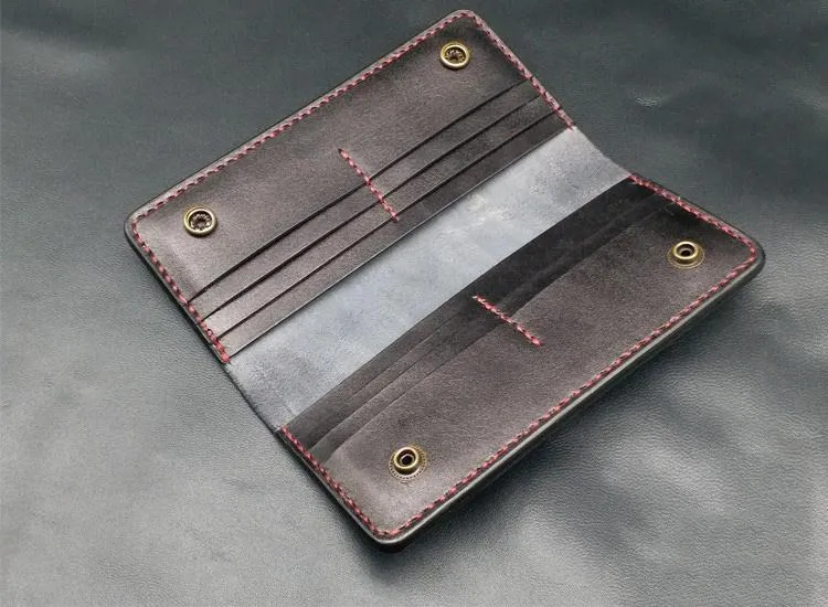 Black Handmade Tooled Indian Chief Skull Leather Mens Long Wallet Bifold Long Wallet For Men