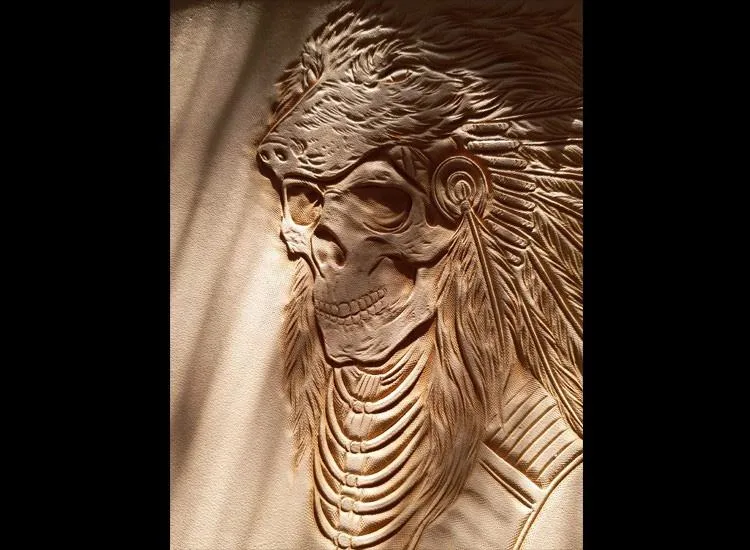 Black Handmade Tooled Indian Chief Skull Leather Mens Long Wallet Bifold Long Wallet For Men