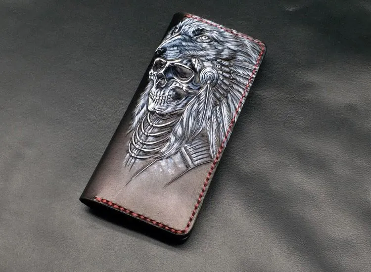 Black Handmade Tooled Indian Chief Skull Leather Mens Long Wallet Bifold Long Wallet For Men