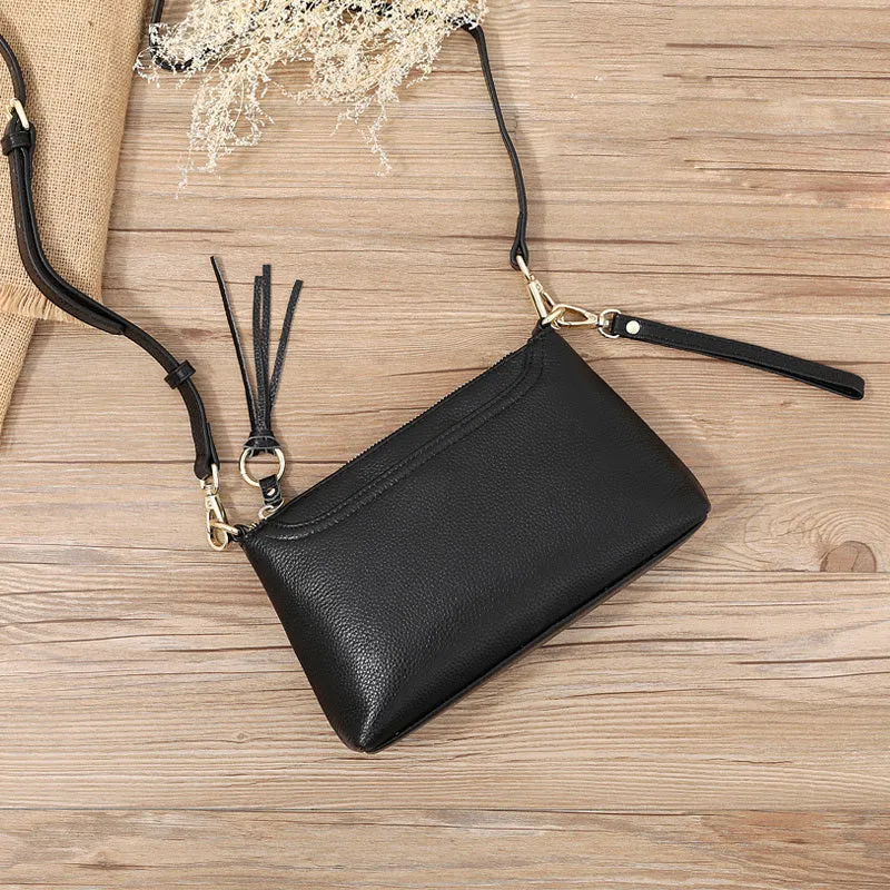 Black Zip Leather Wristlet Wallet Womens Small Crossbody Purse Minimalist Shoulder Bag for Women