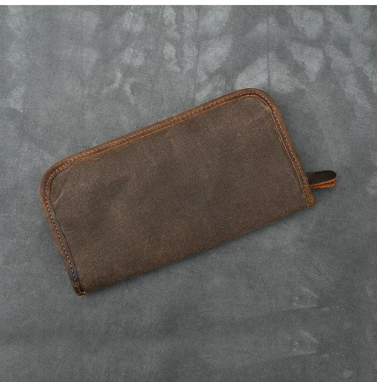 Brown Canvas Mens Long Wallet Zipper Green Clutch Phone Wallet For Men