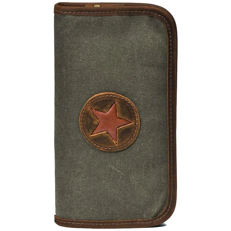 Brown Canvas Mens Long Wallet Zipper Green Clutch Phone Wallet For Men