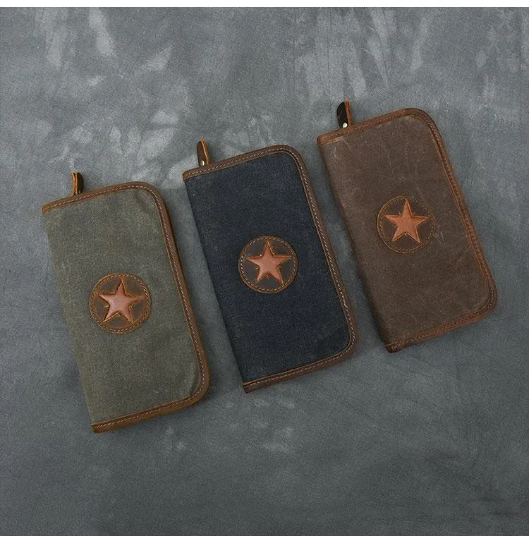 Brown Canvas Mens Long Wallet Zipper Green Clutch Phone Wallet For Men