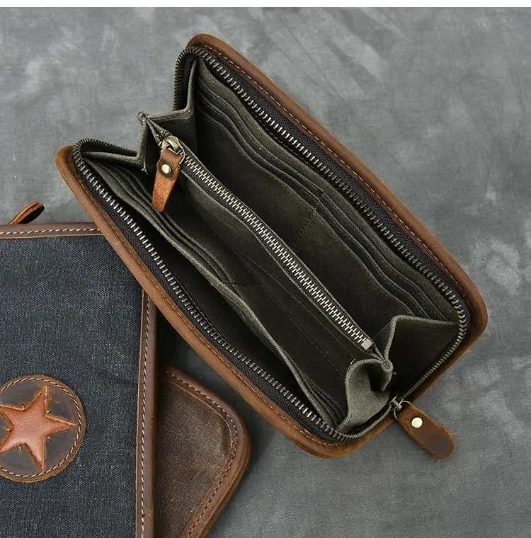 Brown Canvas Mens Long Wallet Zipper Green Clutch Phone Wallet For Men