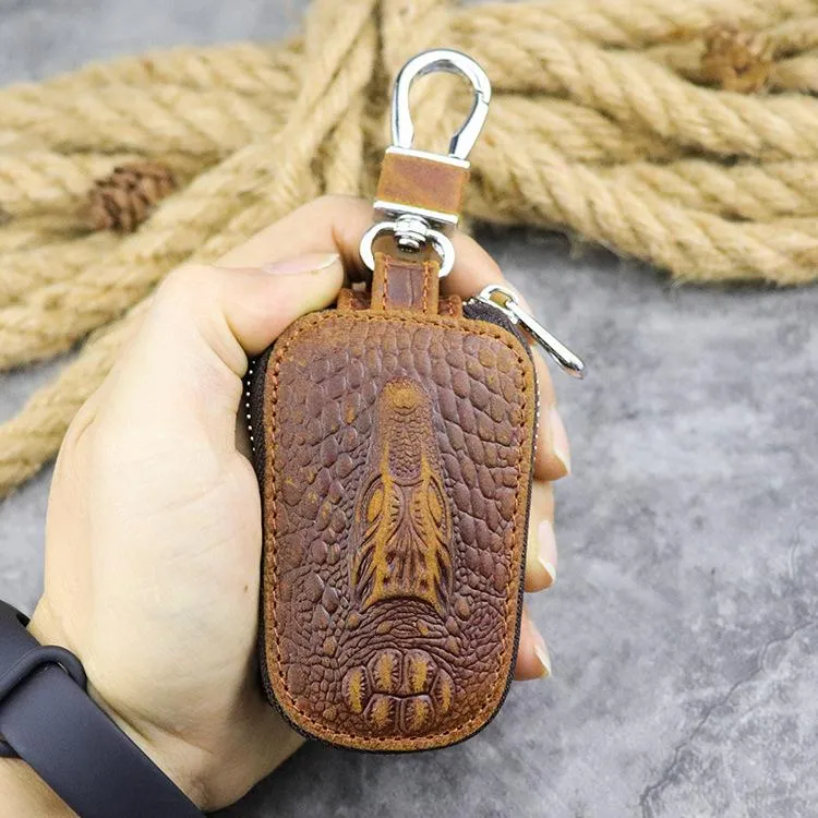 Brown Leather Men's Car Key and Oval Wallet Zipper Car Key Case Car Holder For Men