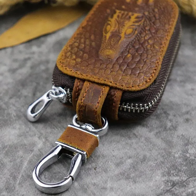 Brown Leather Men's Car Key and Oval Wallet Zipper Car Key Case Car Holder For Men
