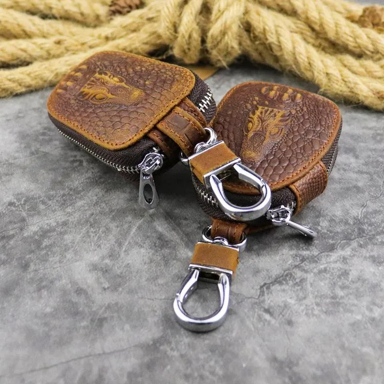 Brown Leather Men's Car Key and Oval Wallet Zipper Car Key Case Car Holder For Men