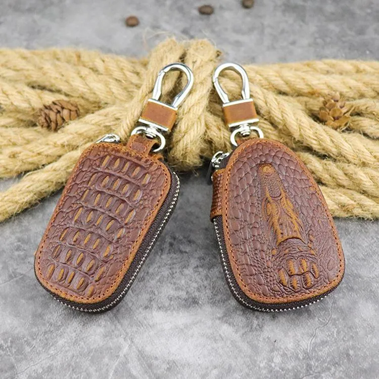 Brown Leather Men's Car Key and Oval Wallet Zipper Car Key Case Car Holder For Men