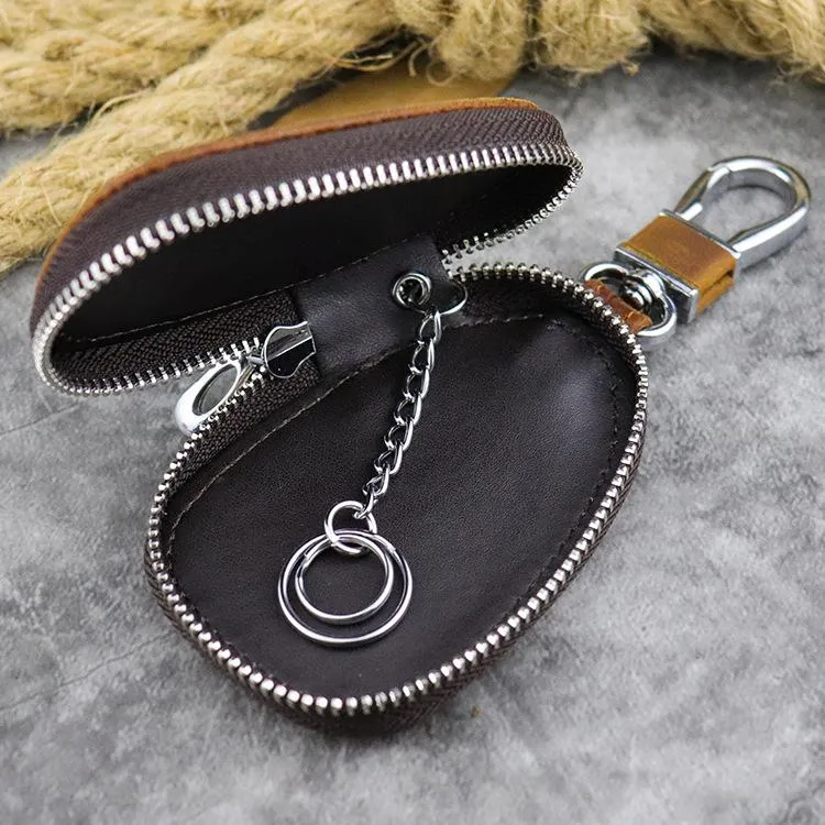 Brown Leather Men's Car Key and Oval Wallet Zipper Car Key Case Car Holder For Men