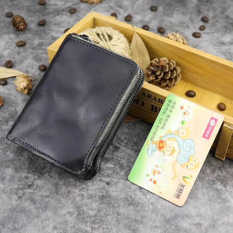 Brown Leather Men's Yellow Zipper Camel Small Wallet Bifold billfold Card Wallet For Men