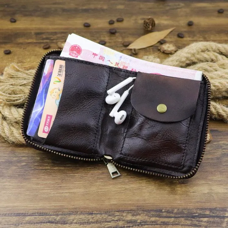 Brown Men Leather Zip Billfold Small Chain Wallet with Coin Pocket Biker Bifold Chain Wallet for Men