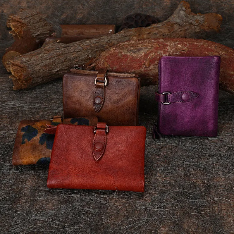 Brown Small Leather Bifold Wallet Vintage Billfold Cute Women Buckle Wallet For Ladies