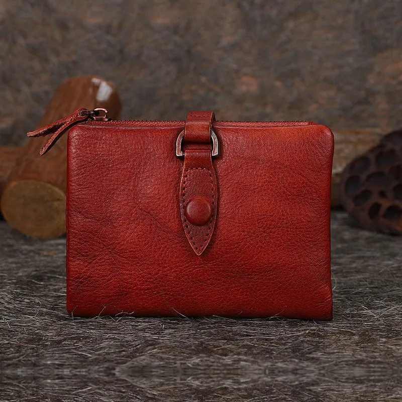 Brown Small Leather Bifold Wallet Vintage Billfold Cute Women Buckle Wallet For Ladies