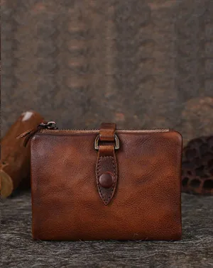 Brown Small Leather Bifold Wallet Vintage Billfold Cute Women Buckle Wallet For Ladies