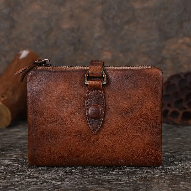 Brown Small Leather Bifold Wallet Vintage Billfold Cute Women Buckle Wallet For Ladies