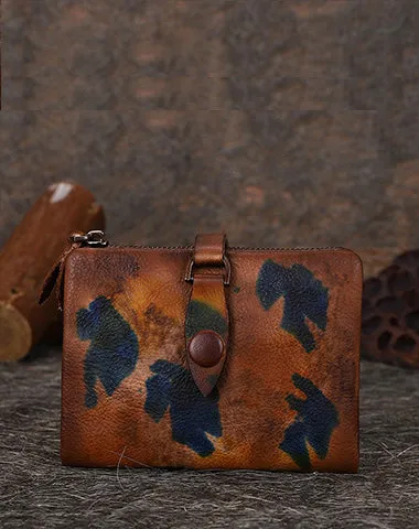 Brown Small Leather Bifold Wallet Vintage Billfold Cute Women Buckle Wallet For Ladies