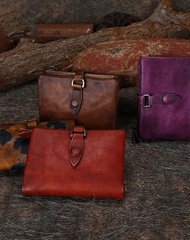 Brown Small Leather Bifold Wallet Vintage Billfold Cute Women Buckle Wallet For Ladies