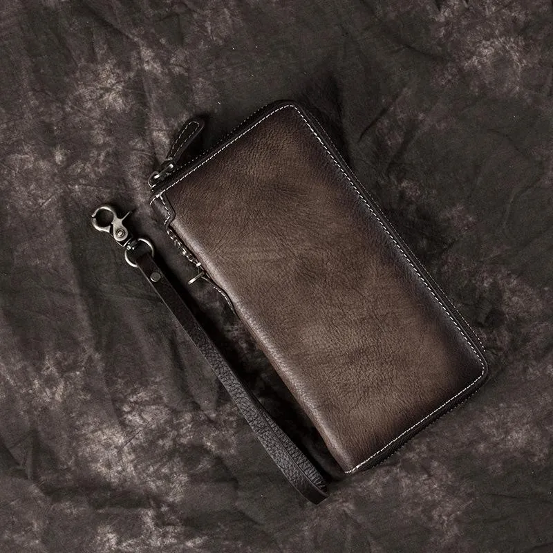 Brown Vintage Chain Wallet Leather Mens Gray Long Biker Wallet Zipper Clutch Wallet For Men