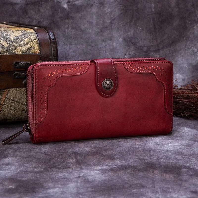 Brown Vintage womens Leather Bifold Wallet Green Phone Wallet Red Zipper Wallet for Ladies