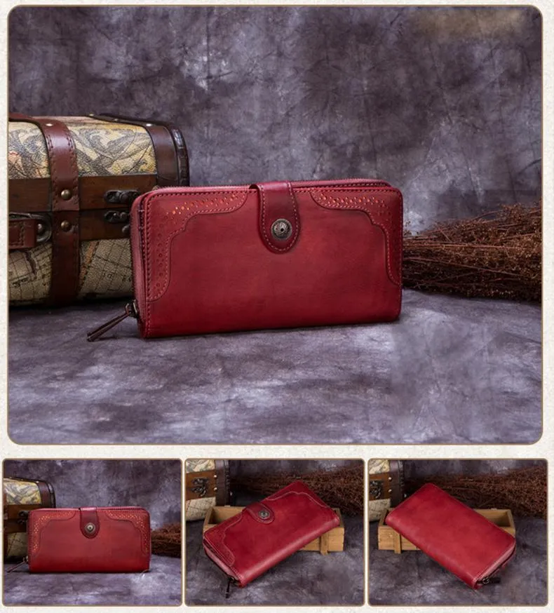 Brown Vintage womens Leather Bifold Wallet Green Phone Wallet Red Zipper Wallet for Ladies