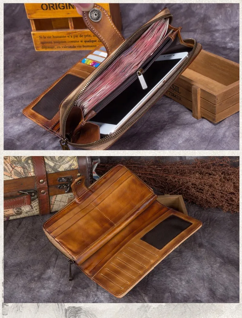 Brown Vintage womens Leather Bifold Wallet Green Phone Wallet Red Zipper Wallet for Ladies