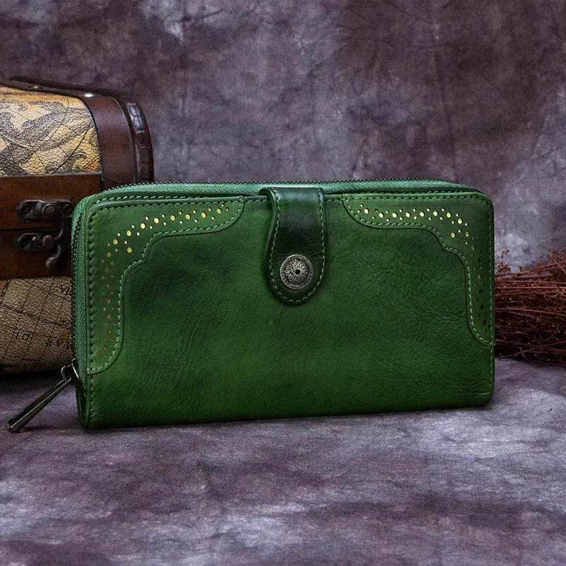 Brown Vintage womens Leather Bifold Wallet Green Phone Wallet Red Zipper Wallet for Ladies