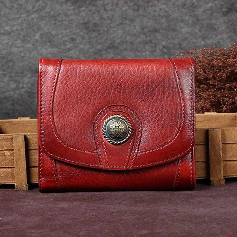 Brown Vintage Womens Leather Buckle Small Trifold Wallet billfold Wallet Purse for Ladies