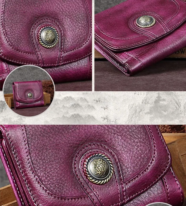 Brown Vintage Womens Leather Buckle Small Trifold Wallet billfold Wallet Purse for Ladies