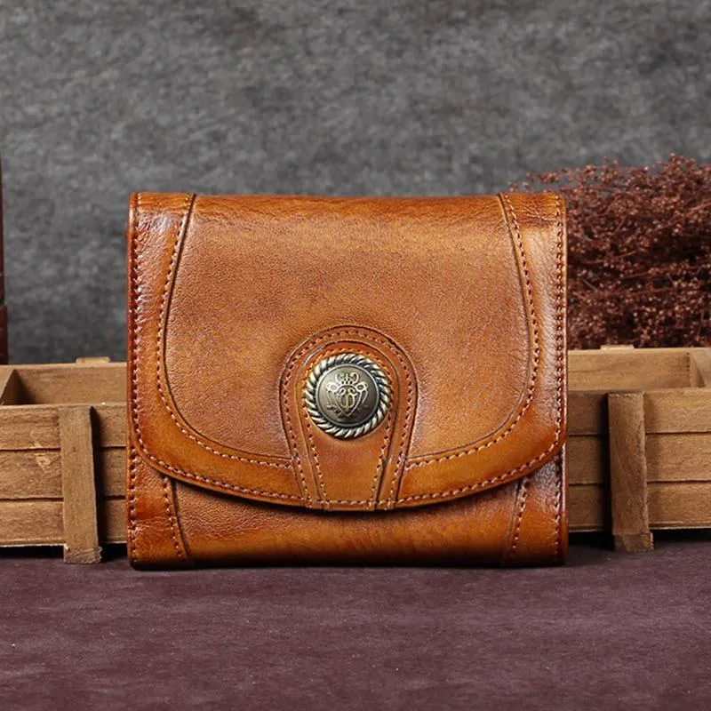 Brown Vintage Womens Leather Buckle Small Trifold Wallet billfold Wallet Purse for Ladies