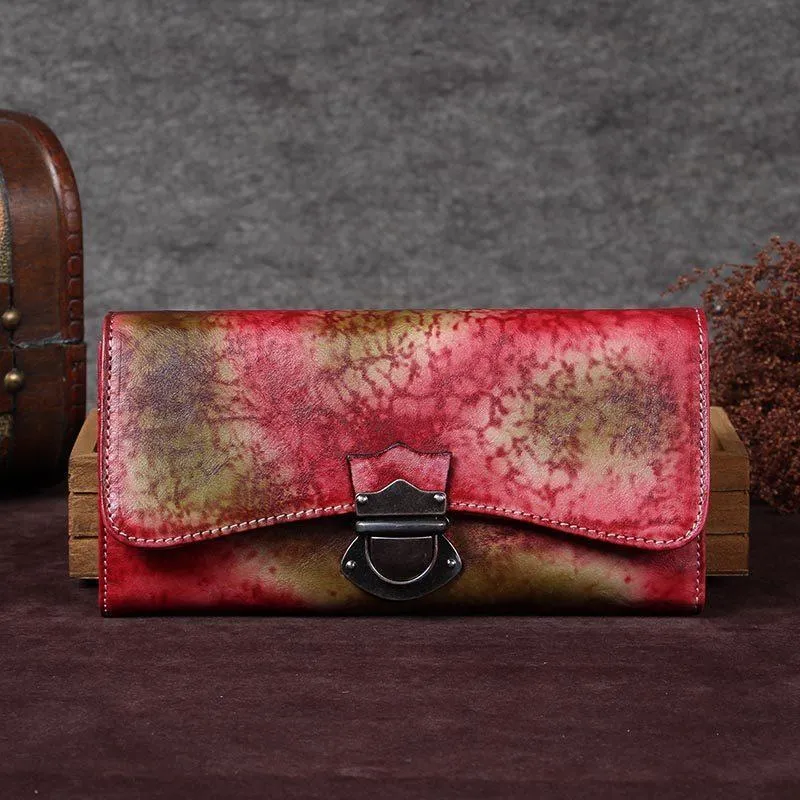 Brown Vintage Womens Leather Long Clutch Red Long Wallet Green Phone Purses for Ladies