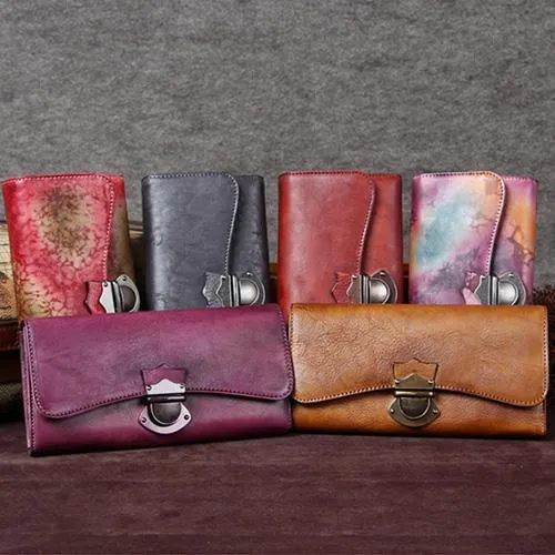 Brown Vintage Womens Leather Long Clutch Red Long Wallet Green Phone Purses for Ladies