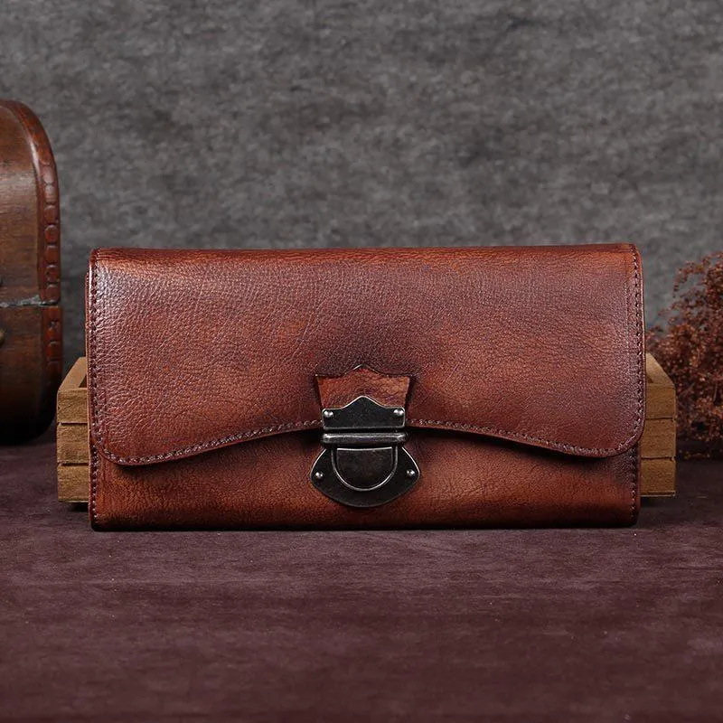 Brown Vintage Womens Leather Long Clutch Red Long Wallet Green Phone Purses for Ladies