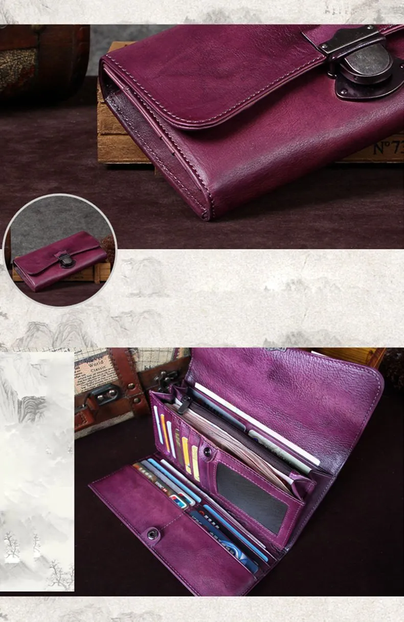 Brown Vintage Womens Leather Long Clutch Red Long Wallet Green Phone Purses for Ladies