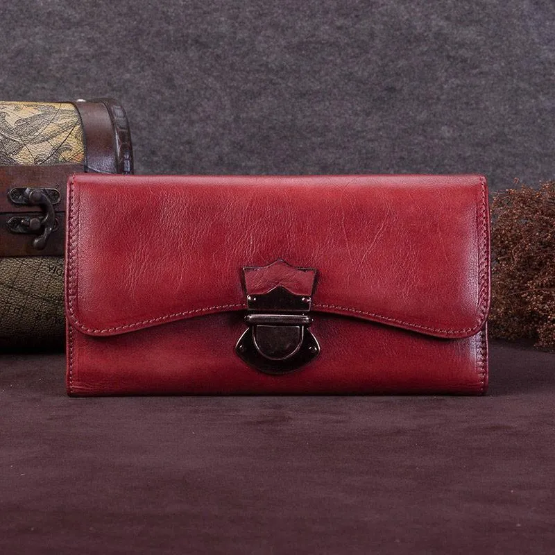 Brown Vintage Womens Leather Long Clutch Red Long Wallet Green Phone Purses for Ladies