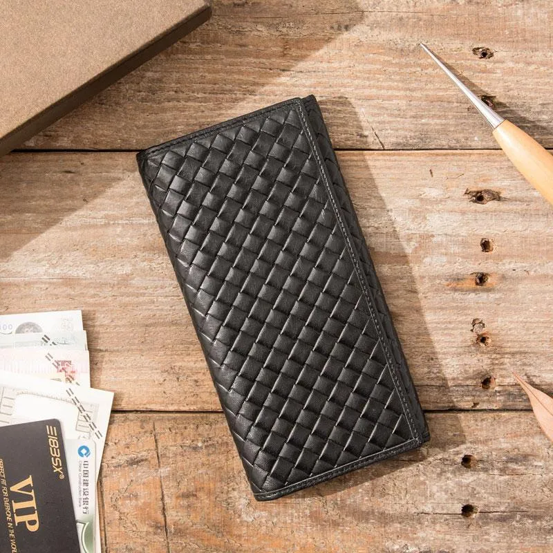Cool Black Braided Leather Mens Long Wallet Long Wallet for Men