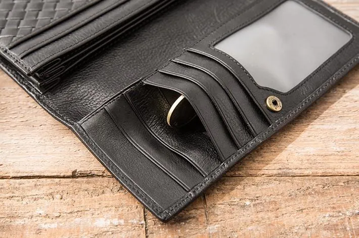 Cool Black Braided Leather Mens Long Wallet Long Wallet for Men