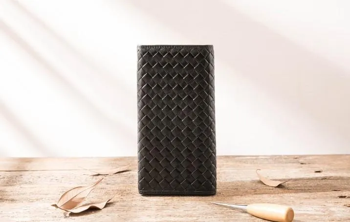 Cool Black Braided Leather Mens Long Wallet Long Wallet for Men