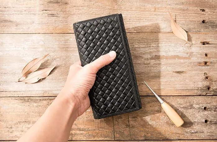 Cool Black Braided Leather Mens Long Wallet Long Wallet for Men