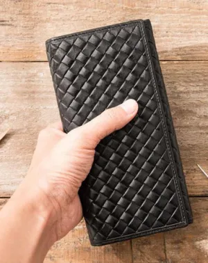 Cool Black Braided Leather Mens Long Wallet Long Wallet for Men