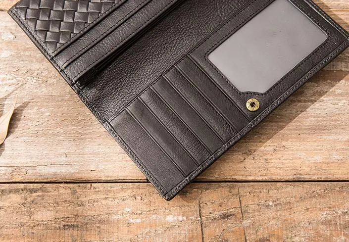 Cool Black Braided Leather Mens Long Wallet Long Wallet for Men