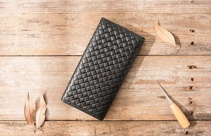 Cool Black Braided Leather Mens Long Wallet Long Wallet for Men